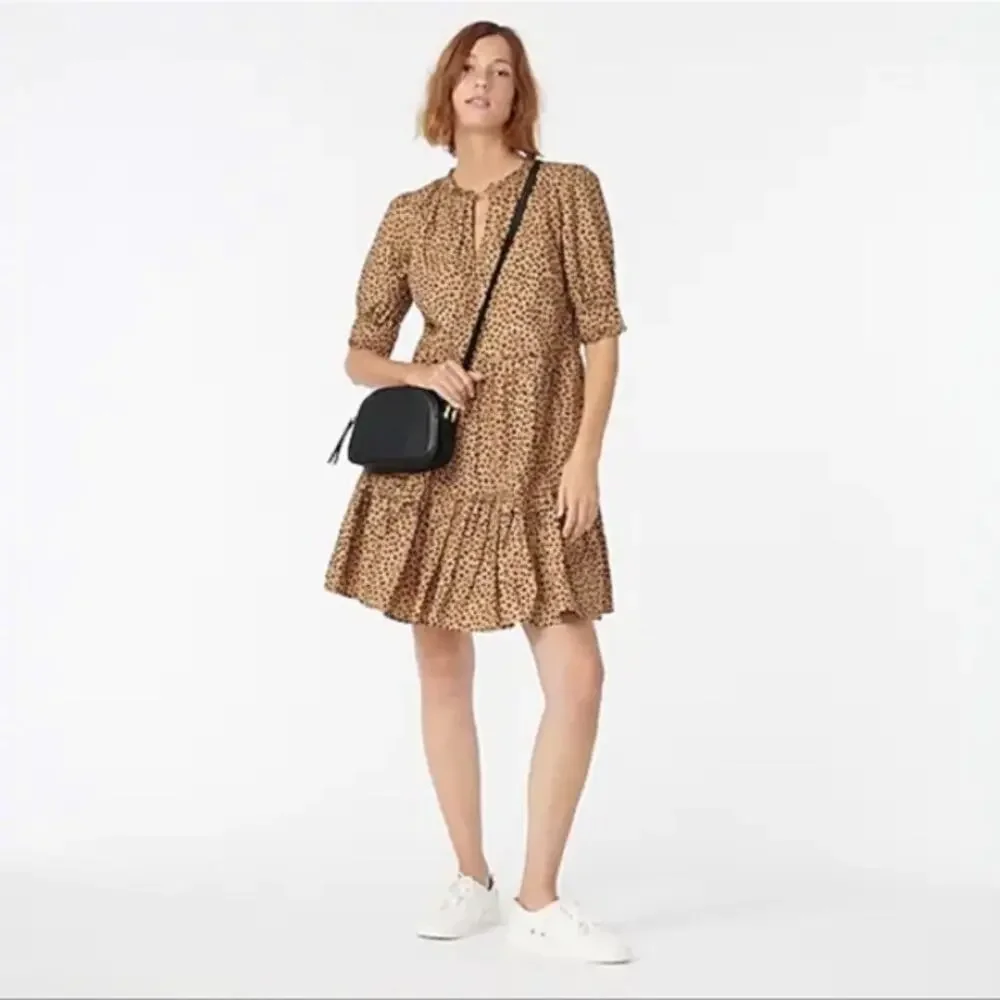 J. Crew Tan Leopard Dot Ruffle Neck Tiered Popover Relaxed Fit Preppy Dress M